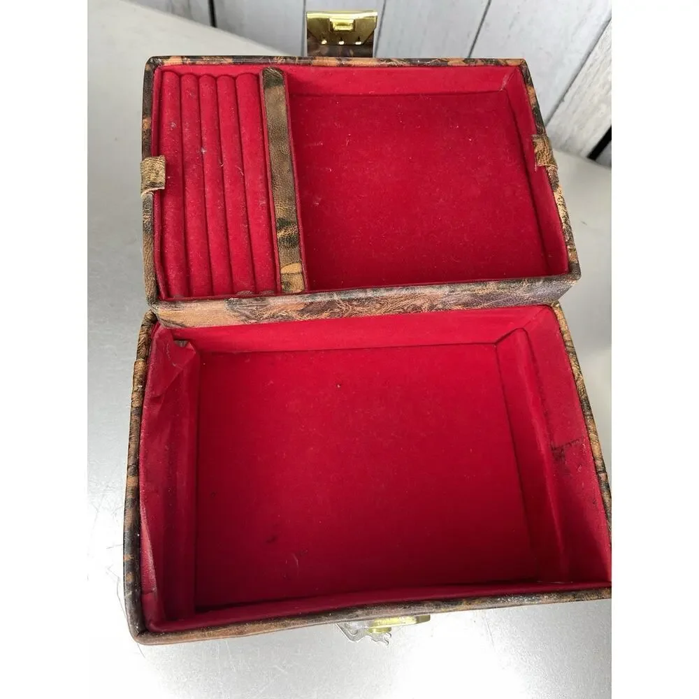 VTG Egyptian Camel Leather Lock Jewelry Box Osiris King Tut Hieroglyphic Gold
